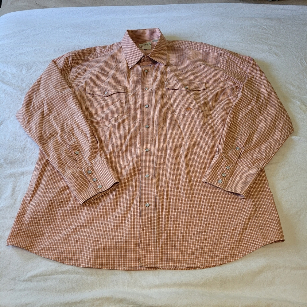 VINTAGE Roper Pearl Snap Shirt XL Mens Orange White Plaid Western Rodeo Cowboy